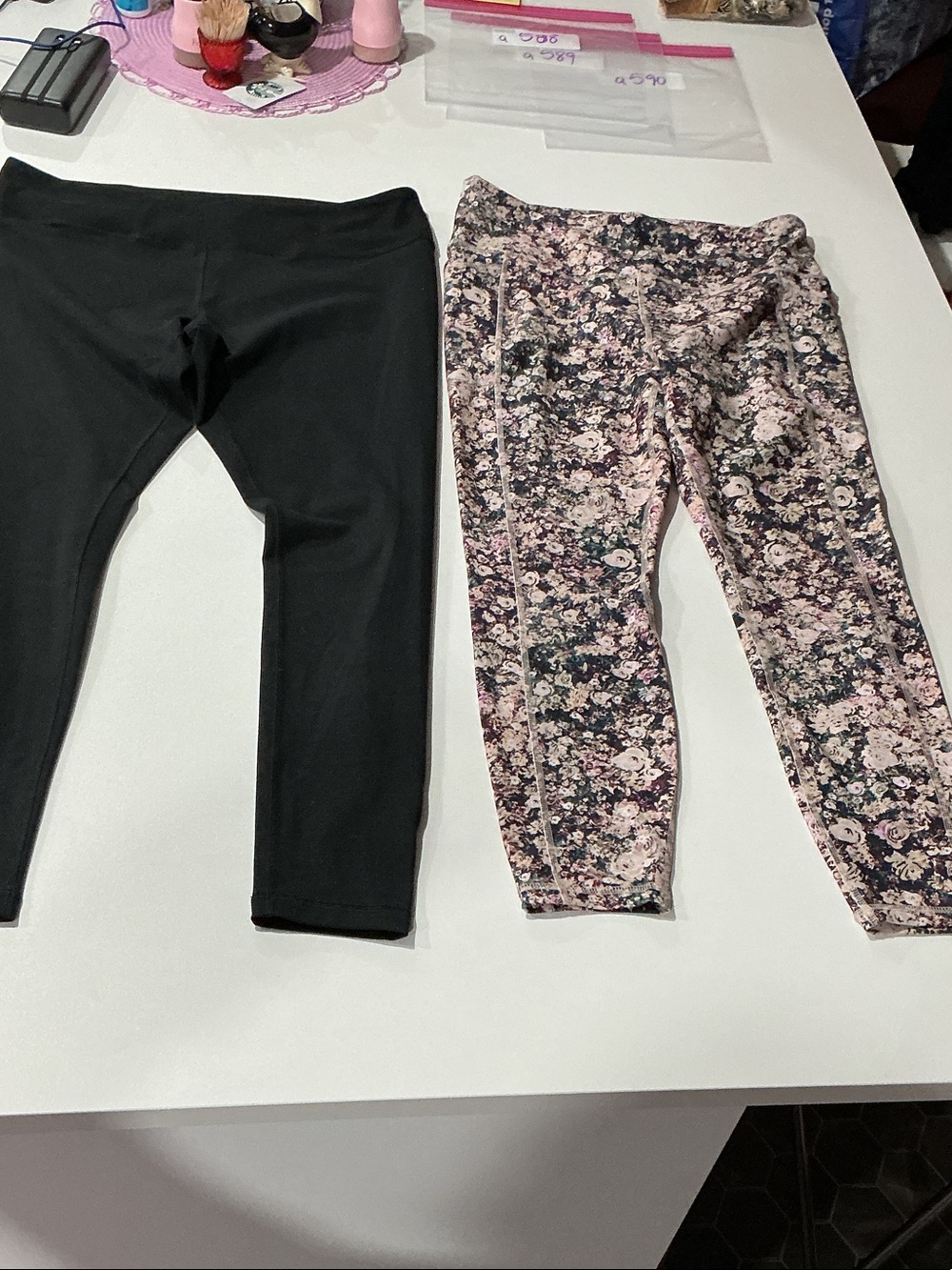 Ladies LOT OF 2 PAIR Floral Performance Leggings - Pink/Black AND solid black